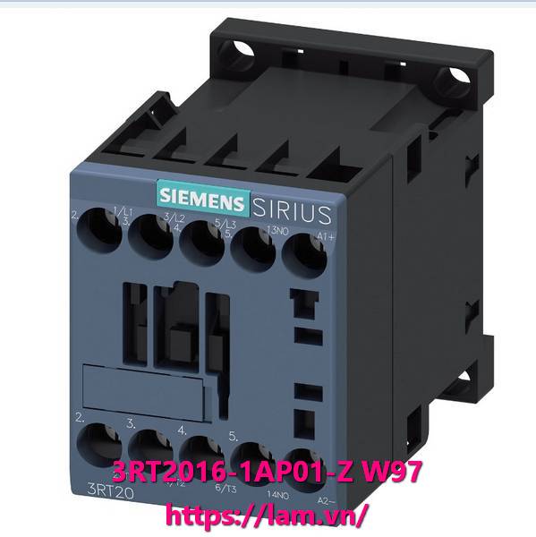 3RT2016-1AP01-Z W97 power contactor, AC-3e/AC-3, 9 A, 4 kW / 400 V, 3 cực, 230 V AC, 50/60 Hz, tiếp điểm phụ: 1 NO, đầu cực vít, kích thước: S00, đóng gói nhiều đơn vị, gói = 40 đơn vị